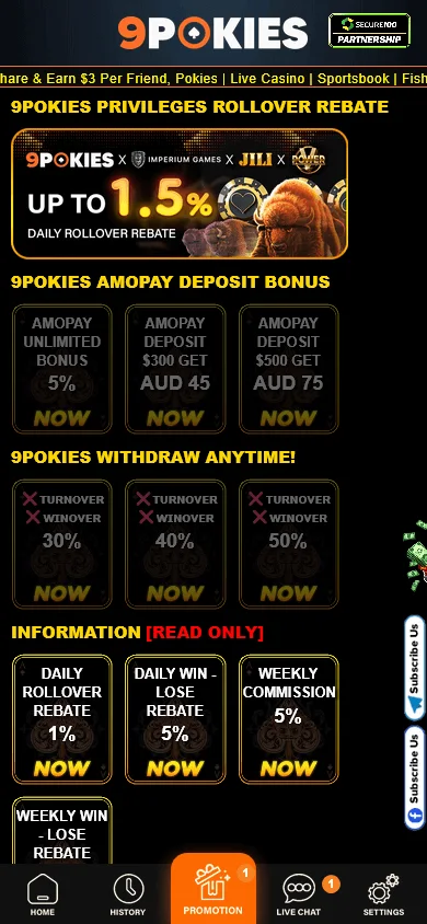 9pokies Casino mobile promotions area