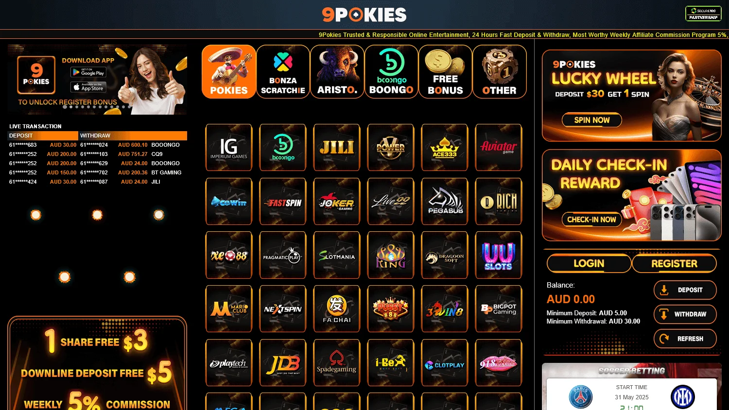 9pokies Casino desktop games lobby