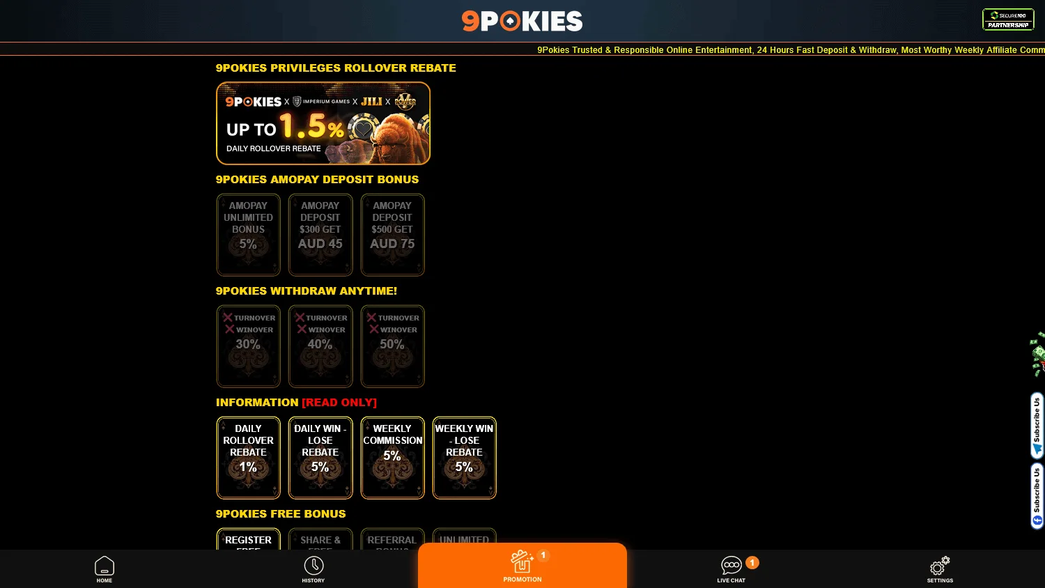 9pokies Casino desktop promotions area